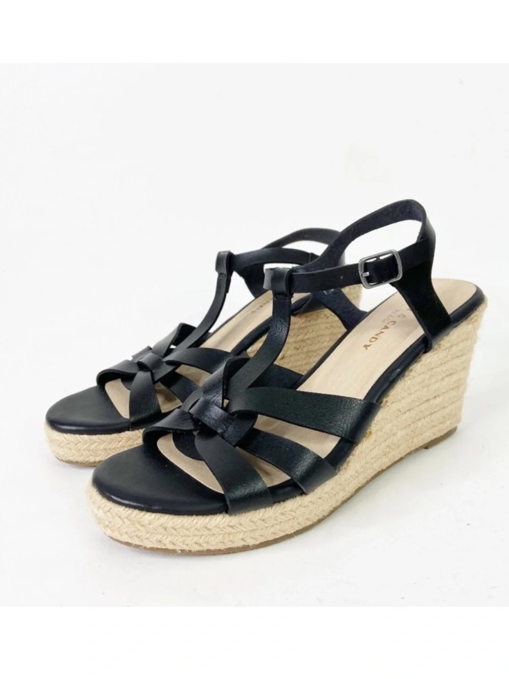 ROCK & CANDY  Fola Espadrille Jute Wrapped Wedge Sandals 8.5 Black faux leather
